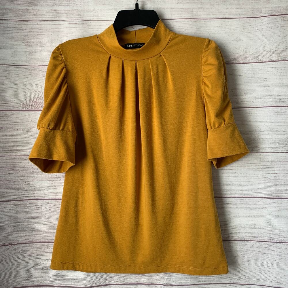I.N. Studio Mustard Yellow Mock Neck Blouse Puff Sleeve Size Small